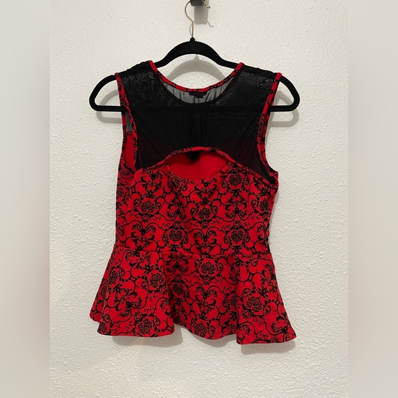 Bongo Peplum Top Juniors Large Red Black Floral Mesh Cut Out Back Whimsigoth - Picture 6 of 6